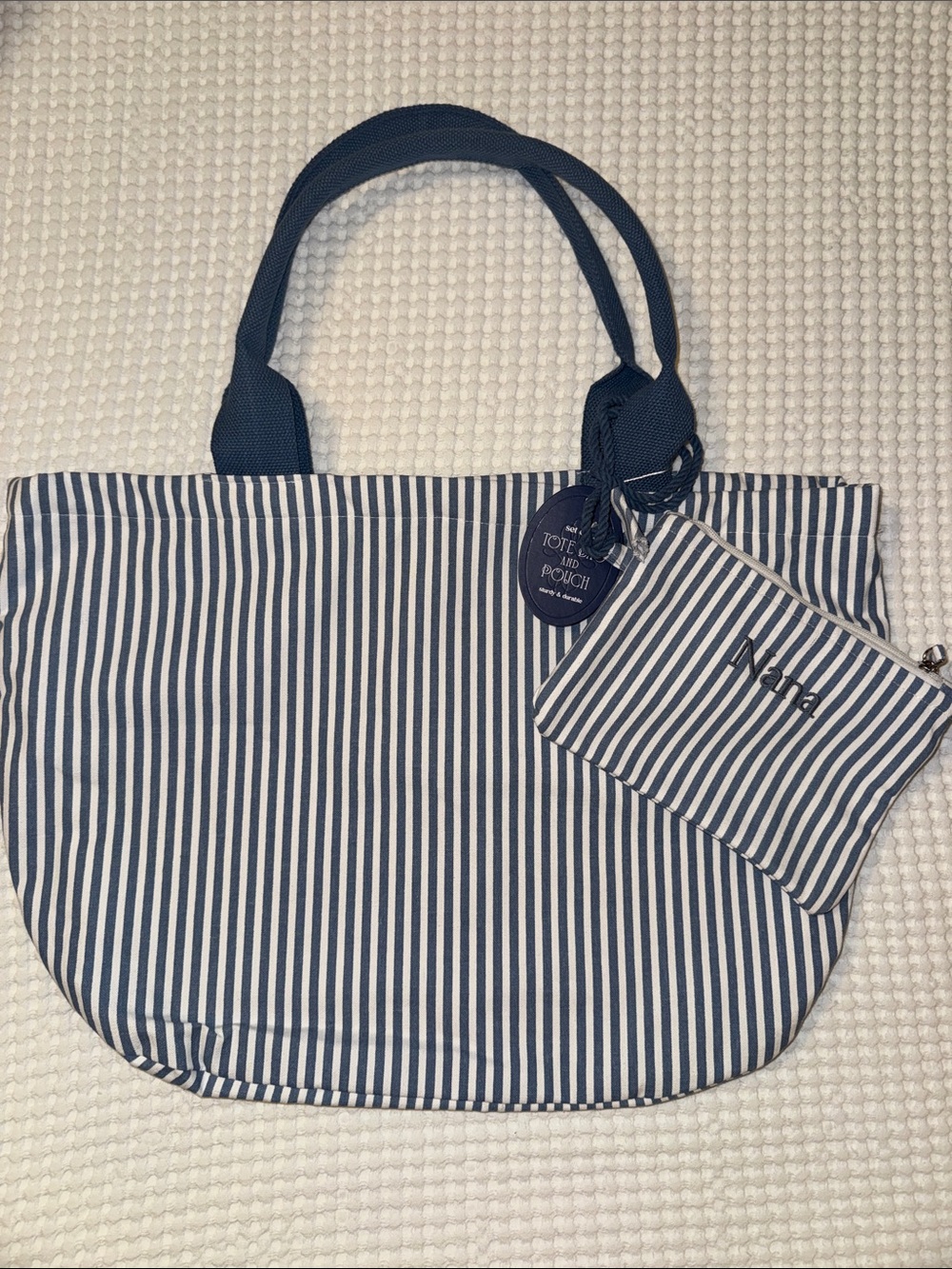 Striped Navy and White Tote Bag with Pouch